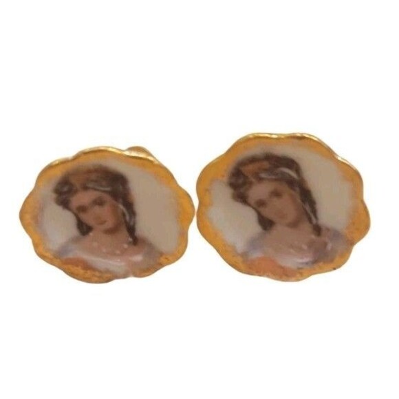 Vintage Signed Limoges France Lady Porcelain Screw Back Earrings Hand Painted - Picture 3 of 7